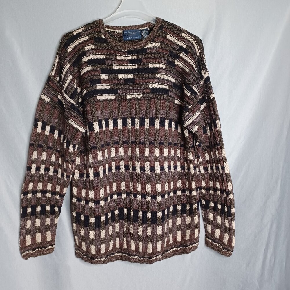 Northern Isles Sweater Mens L Multicolor Knitted by Hand Thick Cable Fisherman
